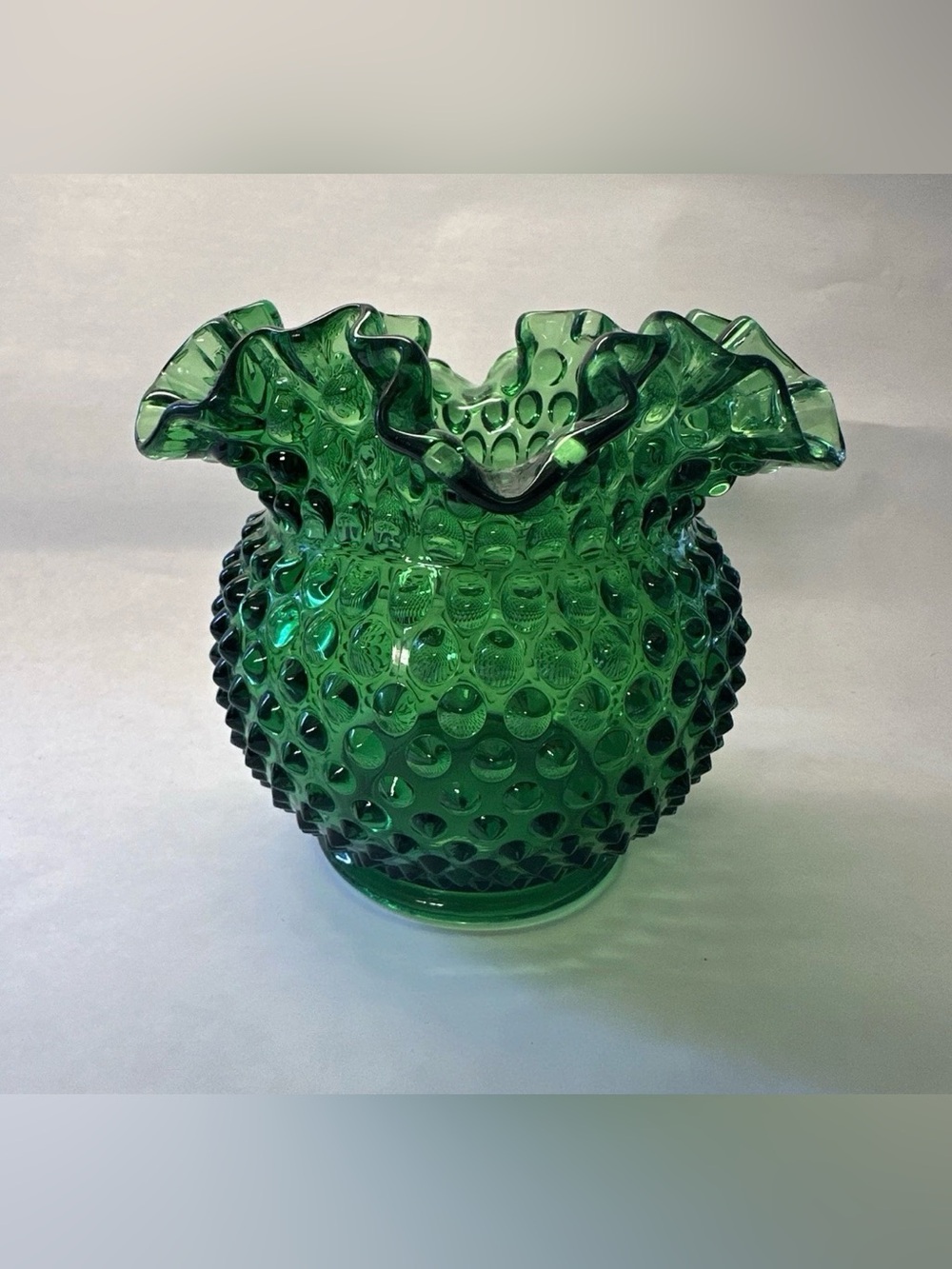 Vintage Fenton Emerald Green Hobnail Ruffled Edge Large Rose Bowl Vase 5.5x6.5"